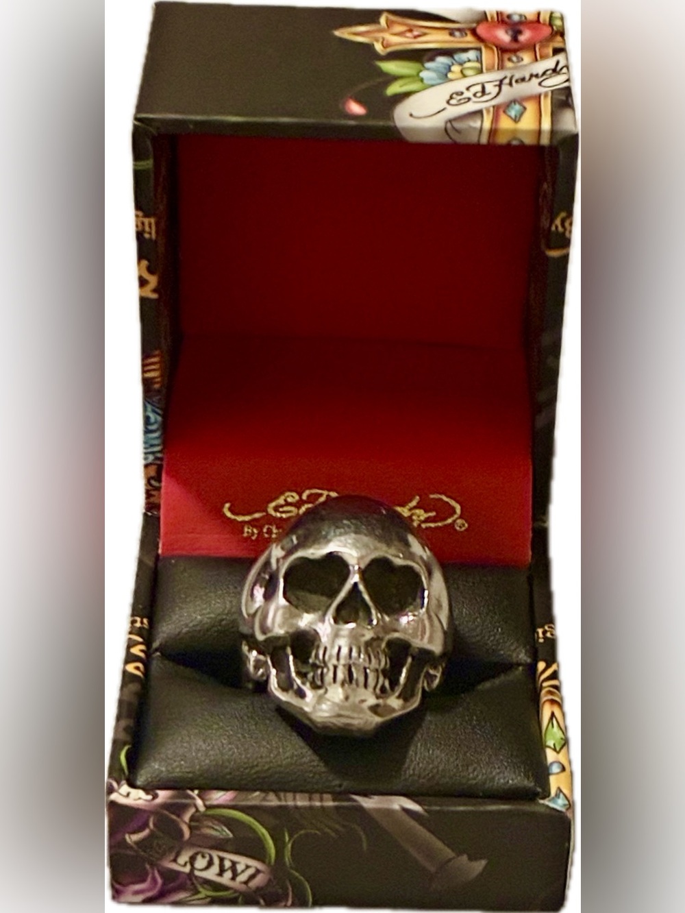 Ed Hardy Silver Skull Stainless Steel Ring with Heart Eye Cutouts